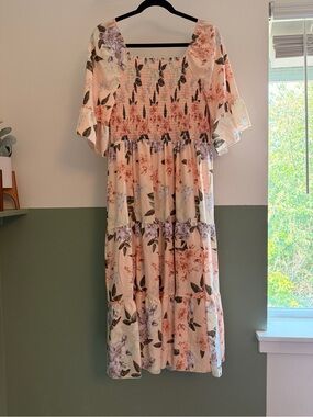 SHEIN Peach Floral Smocked Midi Dress with Lavender Accents